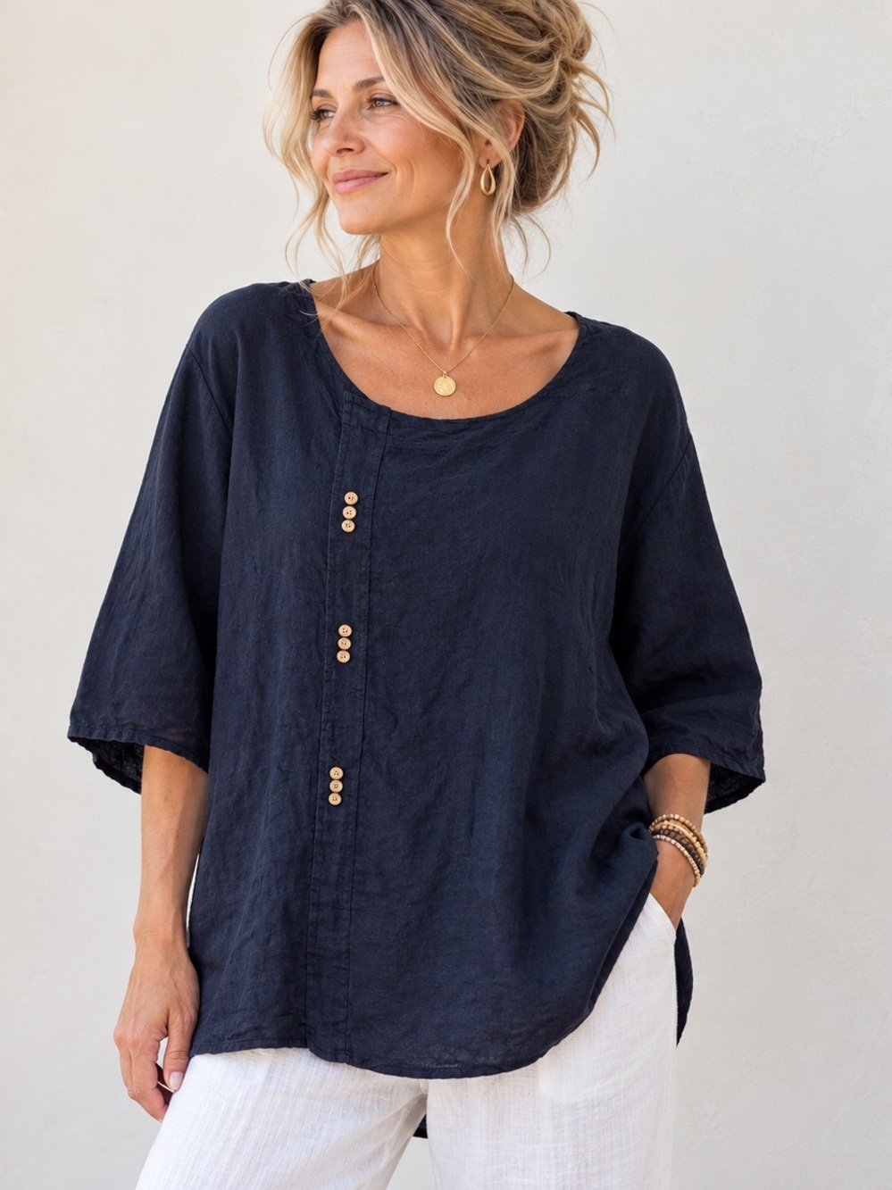 Italian Linen Oversized Navy Tunic Top